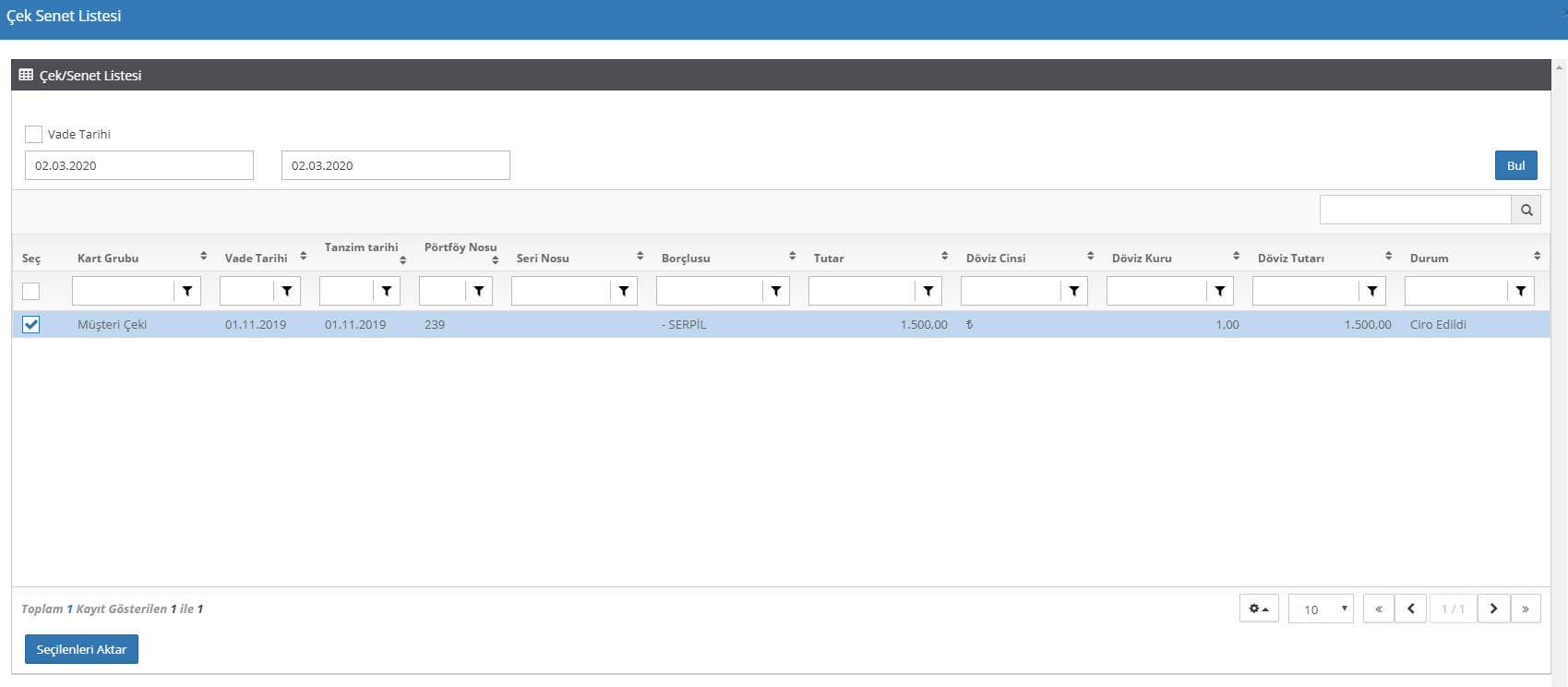 cirodan tahsil edilen çek
